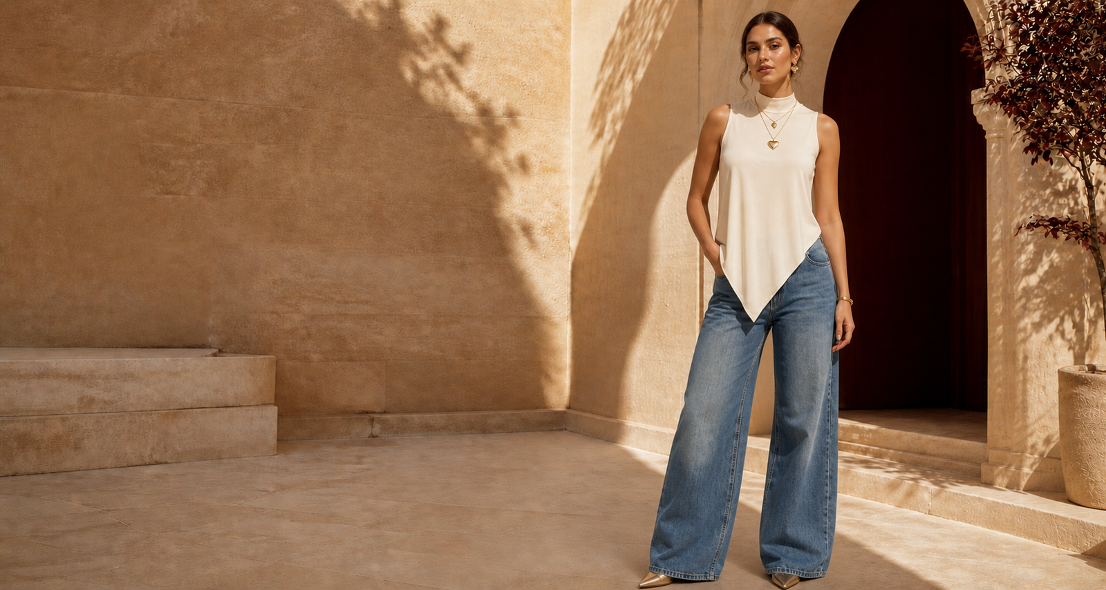 Woman wearing a cream asymmetrical top and blue wide-leg jeans in a sunlit courtyard