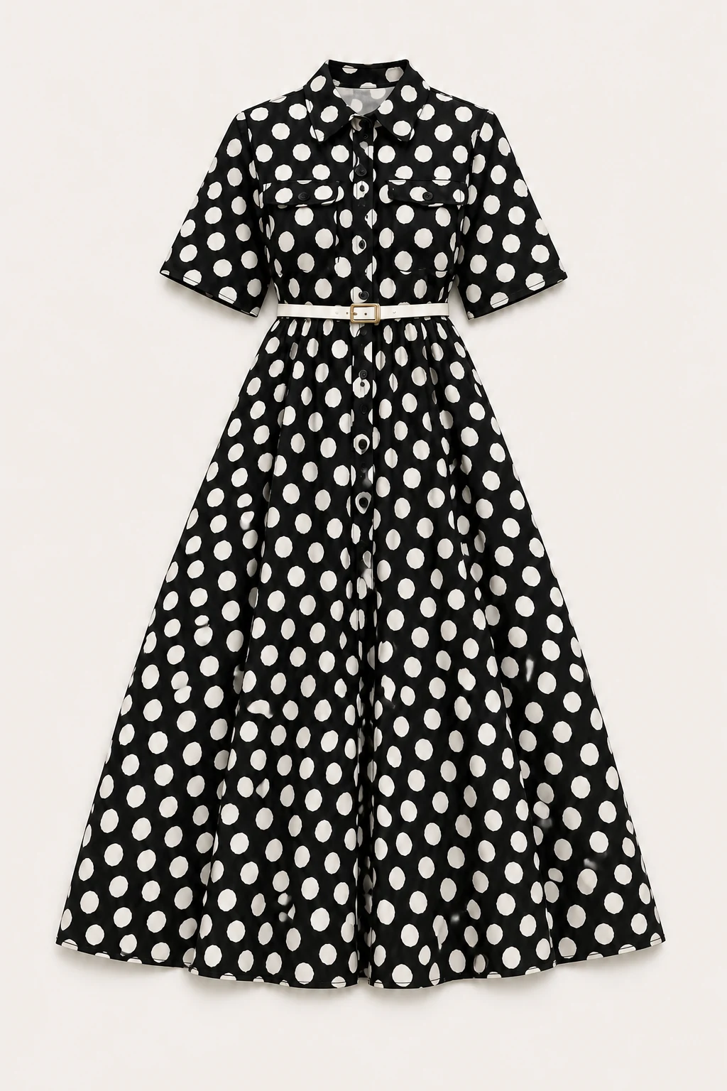فستان طويل منقط بحزام باللون الأسود