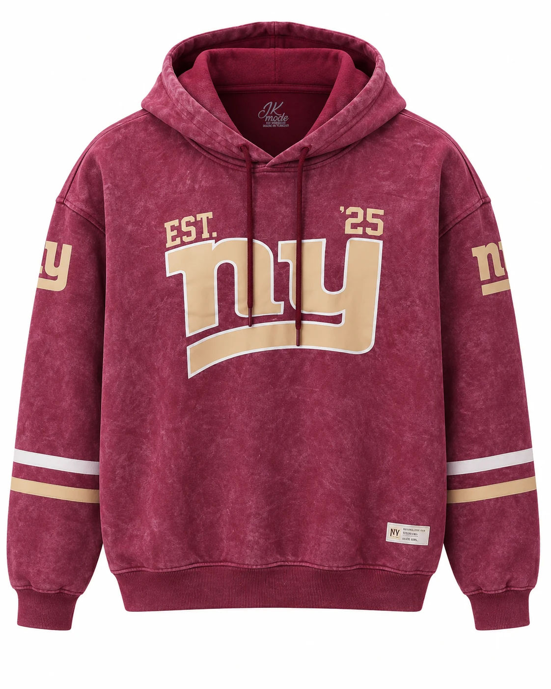 Burgundy women's acid-wash New York graphic hoodie, available in four colors