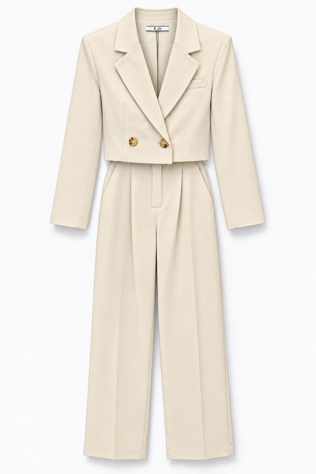 Ivory women's cropped blazer and wide-leg trouser set, available in four colors