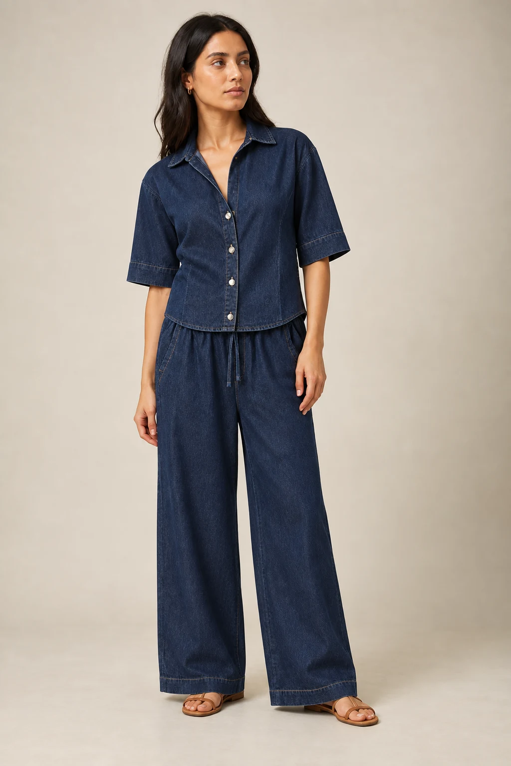 Woman wearing a dark-blue denim short-sleeve shirt and wide-leg trouser set
