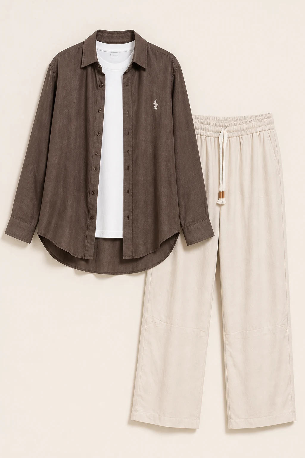 Women's brown shirt, white T-shirt and beige trousers set